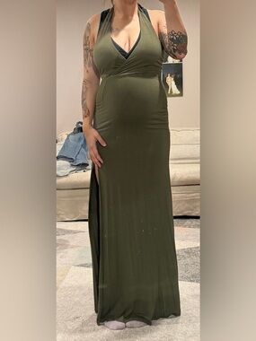 Olive Green Halter Maxi Dress w/side slit - FORE